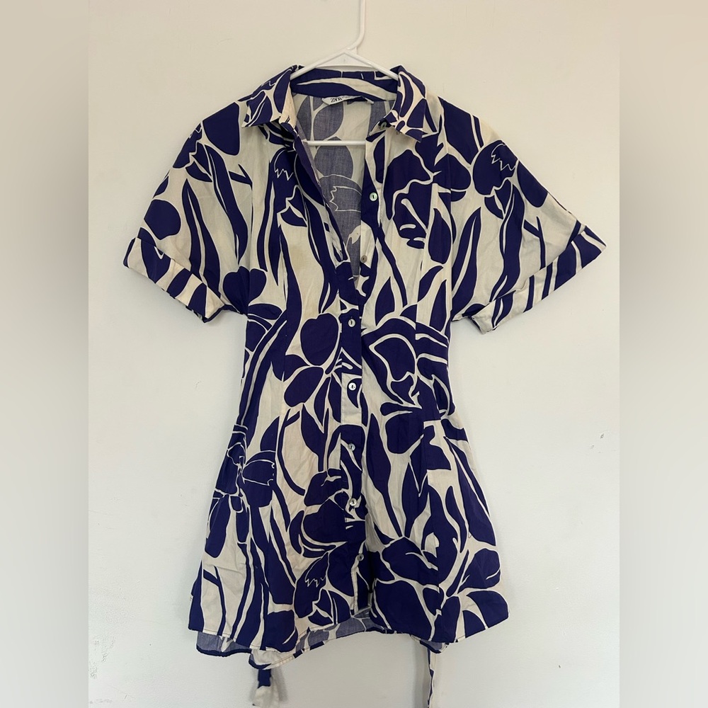 Zara Blue and White Button Up Floral Dress